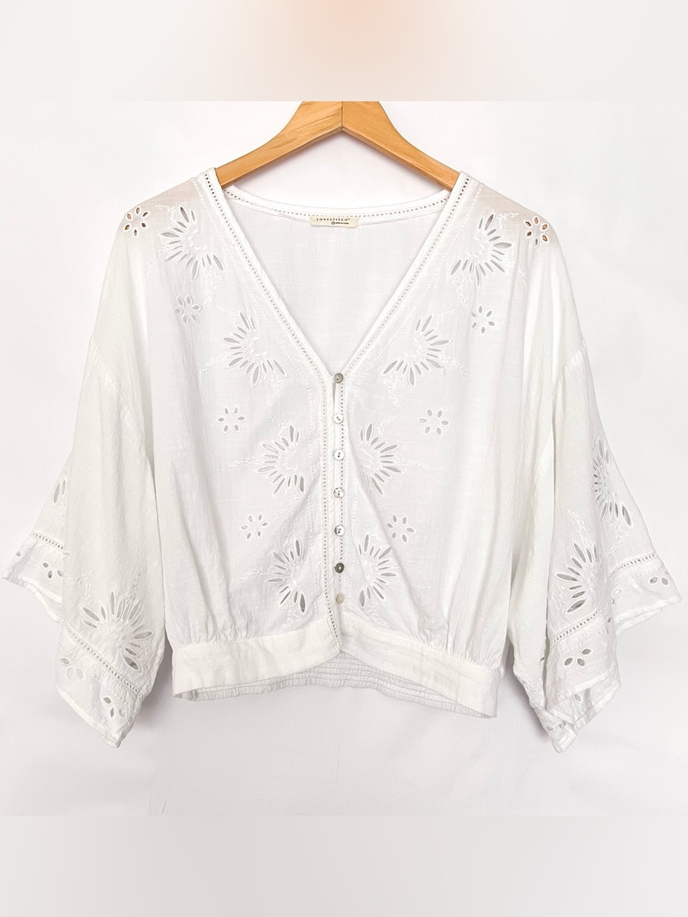 Lovestitch Floral Eyelet Top Wide Half Sleeve Boho Sheer Summer Size Small White